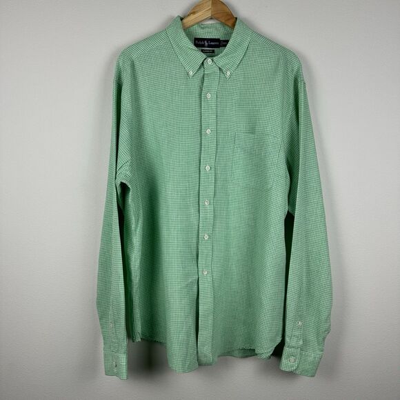 Vintage Polo Ralph Lauren Button Up Shirt Men's 2XL Green Micro Gingham Check - Picture 2 of 6